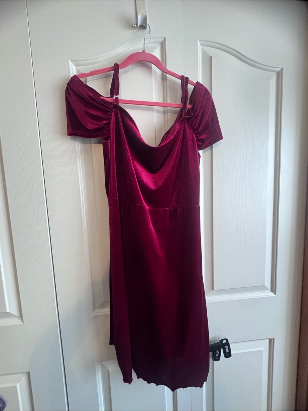 Off-Shoulder Velvet Midi Dress in Burgundy